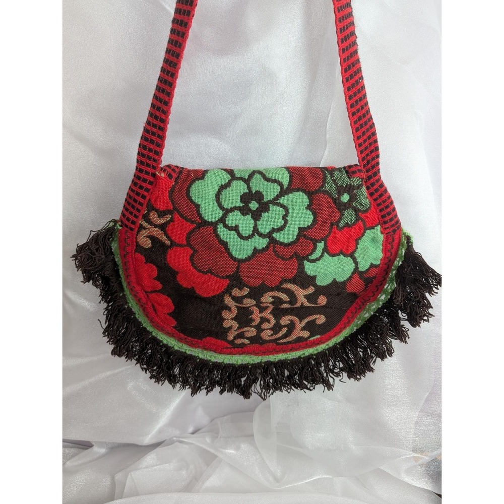 Vintage Handmade Boho Fringe Tapestry Purse‎ Green Red Brown